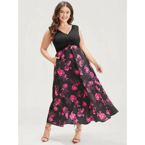BloomChic | Dresses | Bloomchic Floral Maxi Dress Size Vneck Sleeveless  Black Top Pink Floral | Poshmark